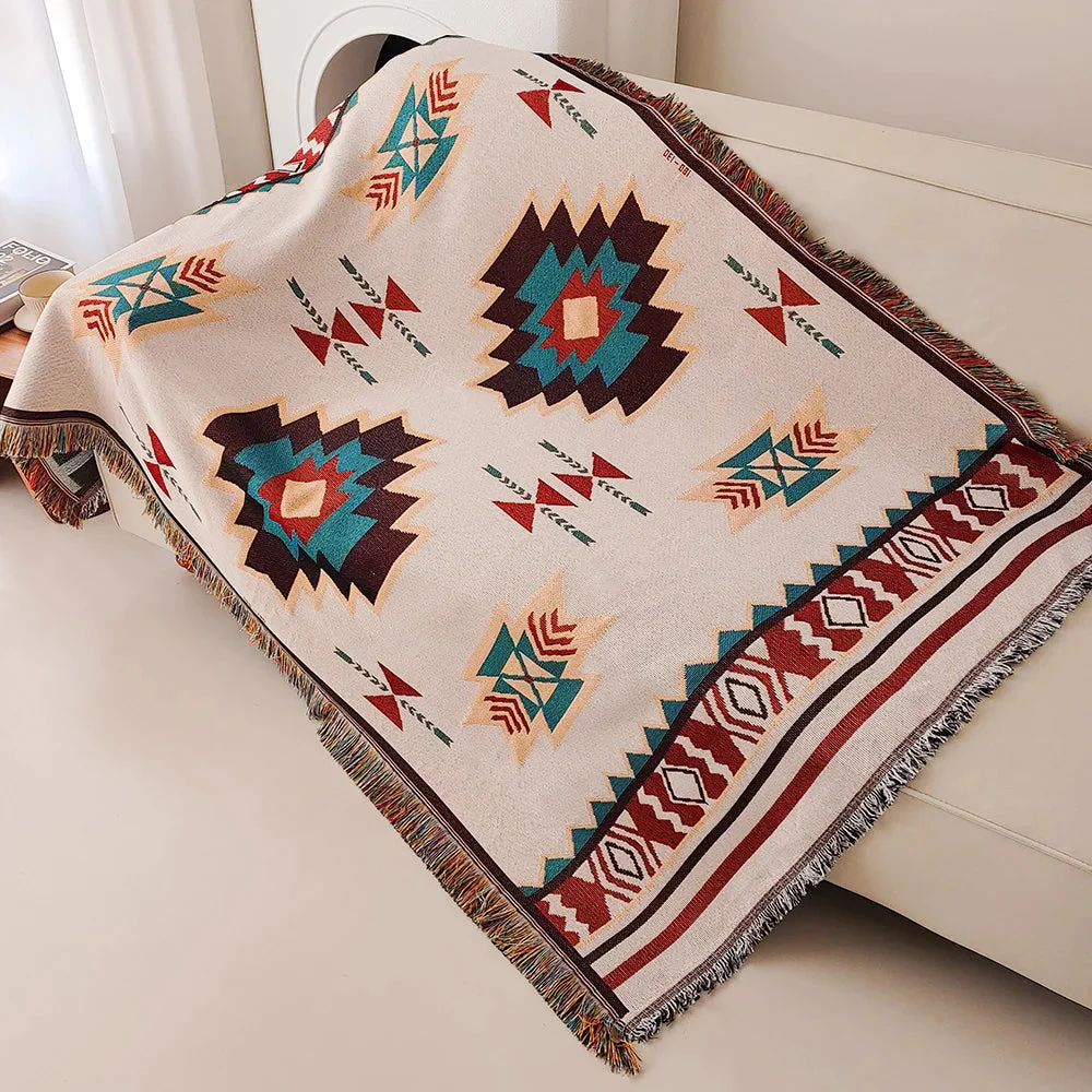 Boho Aztec Blanket | Southwestern Pattern with Fringes | Cotton Blend | Versatile Sofa & Bed Throw