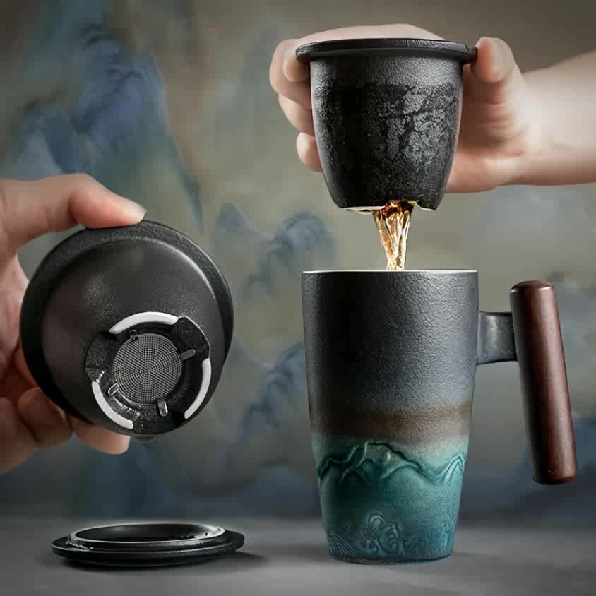 Ceramic Tea Mug | Handmade Retro | Integrated Tea Strainer & Wooden Handle | Comfortable Grip - Image 11