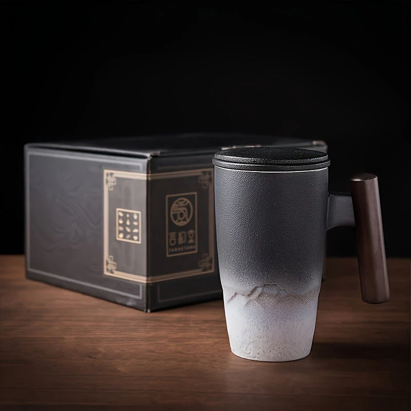 Ceramic Tea Mug | Handmade Retro | Integrated Tea Strainer & Wooden Handle | Comfortable Grip - Image 12