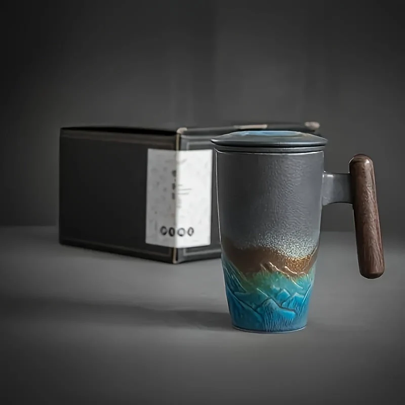 Ceramic Tea Mug | Handmade Retro | Integrated Tea Strainer & Wooden Handle | Comfortable Grip - Image 15