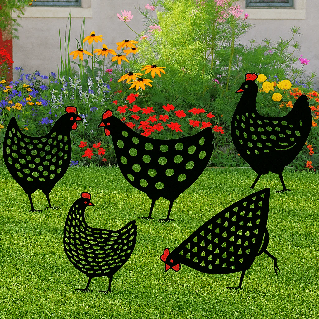 Chicken Garden Sculpture Set | Vintage Hand-Painted Design | Acrylic, Set of 5
