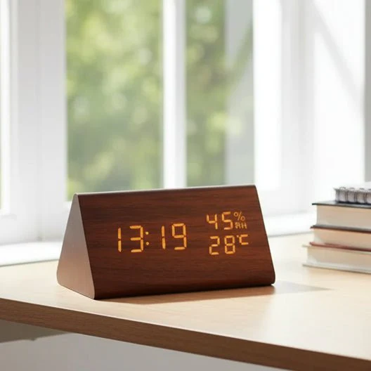Digital Alarm Clock | Adjustable LED Display | Wood Finish & Temperature Display | 3 Alarms