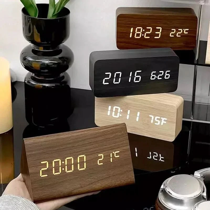 Digital Alarm Clock | Adjustable LED Display | Wood Finish & Temperature Display | 3 Alarms - Image 3