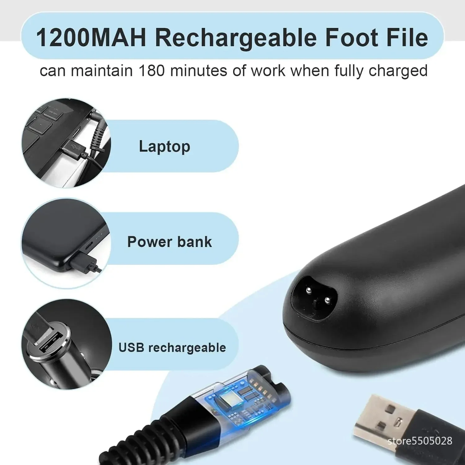 Elektrischer Hornhautentferner für Füße | 3 Schleifköpfe & LED-Licht | USB Wiederaufladbar | Für Glatte Füße - Image 3