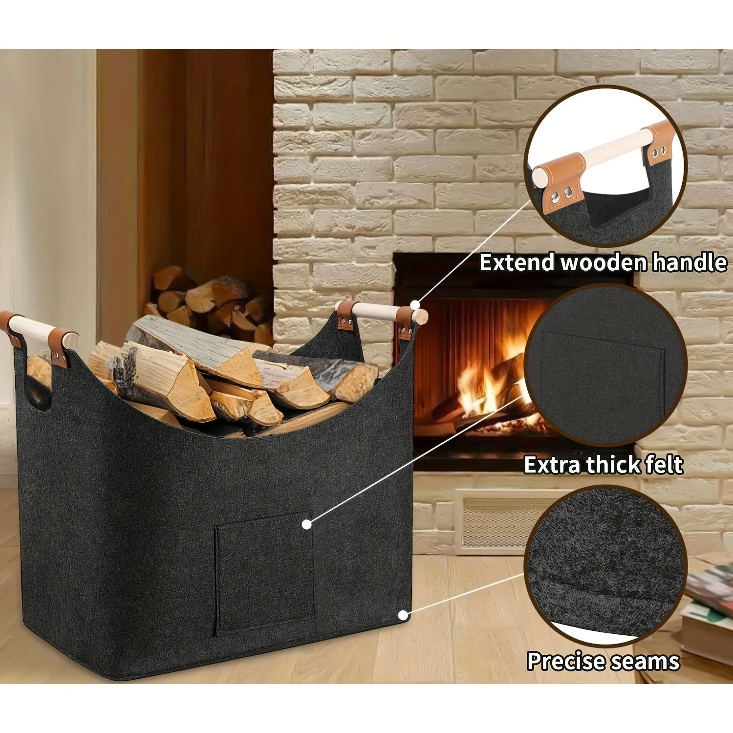 Firewood Basket | Foldable Felt with Wooden Handles & Leather Accents | 55L Capacity | Space-Saving - Image 2