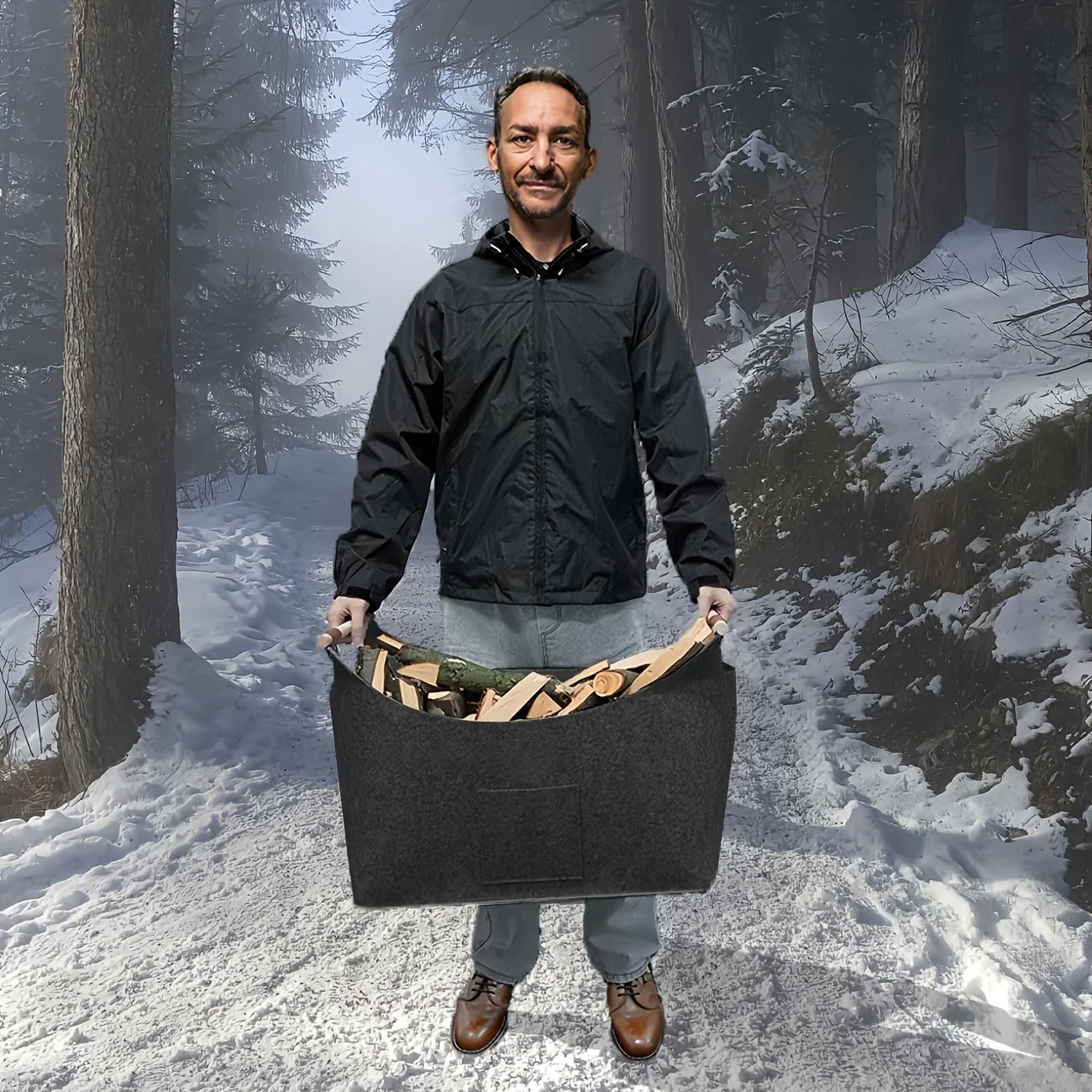 Firewood Basket | Foldable Felt with Wooden Handles & Leather Accents | 55L Capacity | Space-Saving - Image 4