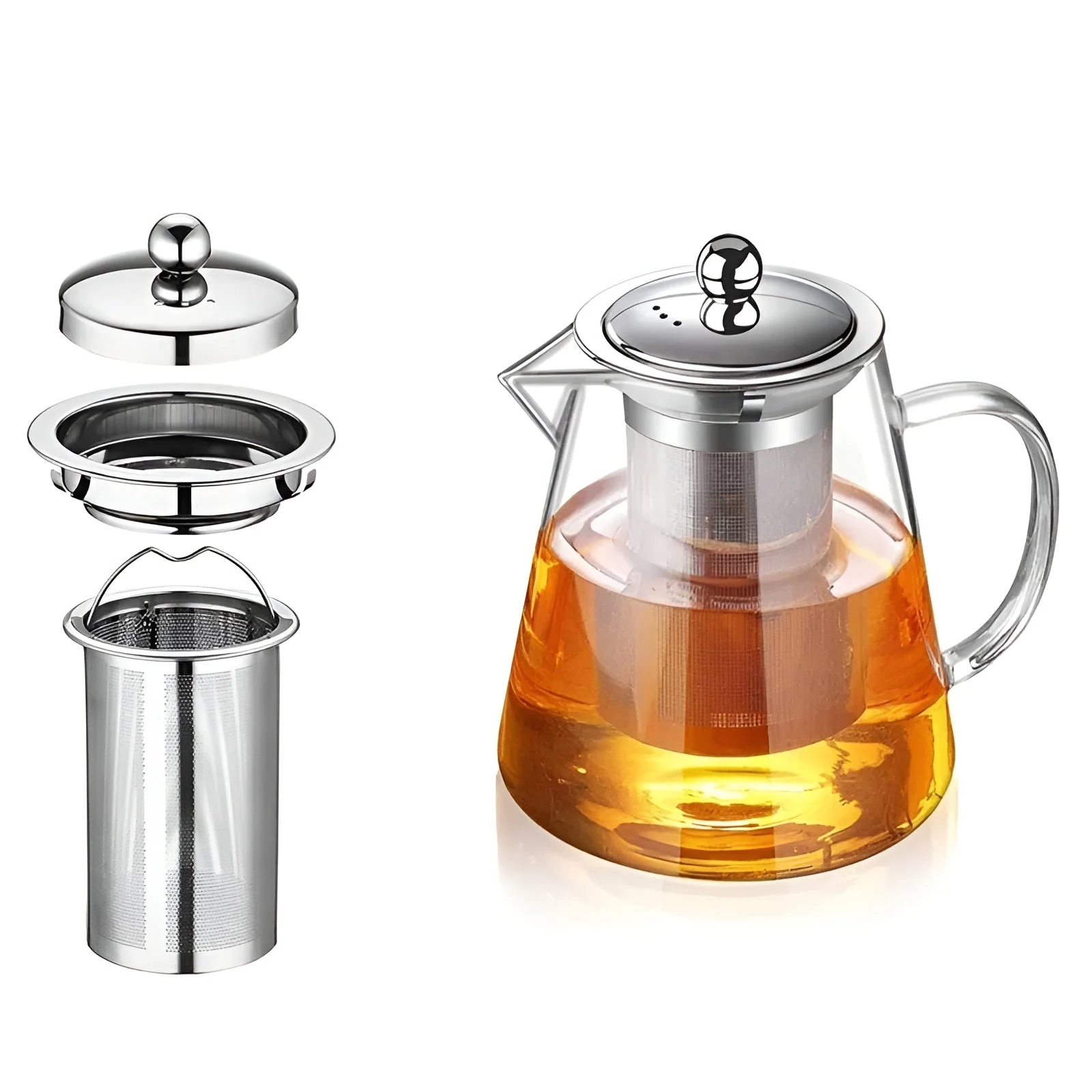 Glass Teapot | Hand-Blown Borosilicate | Stainless Steel Filter & Wood Lid | Heat Resistant