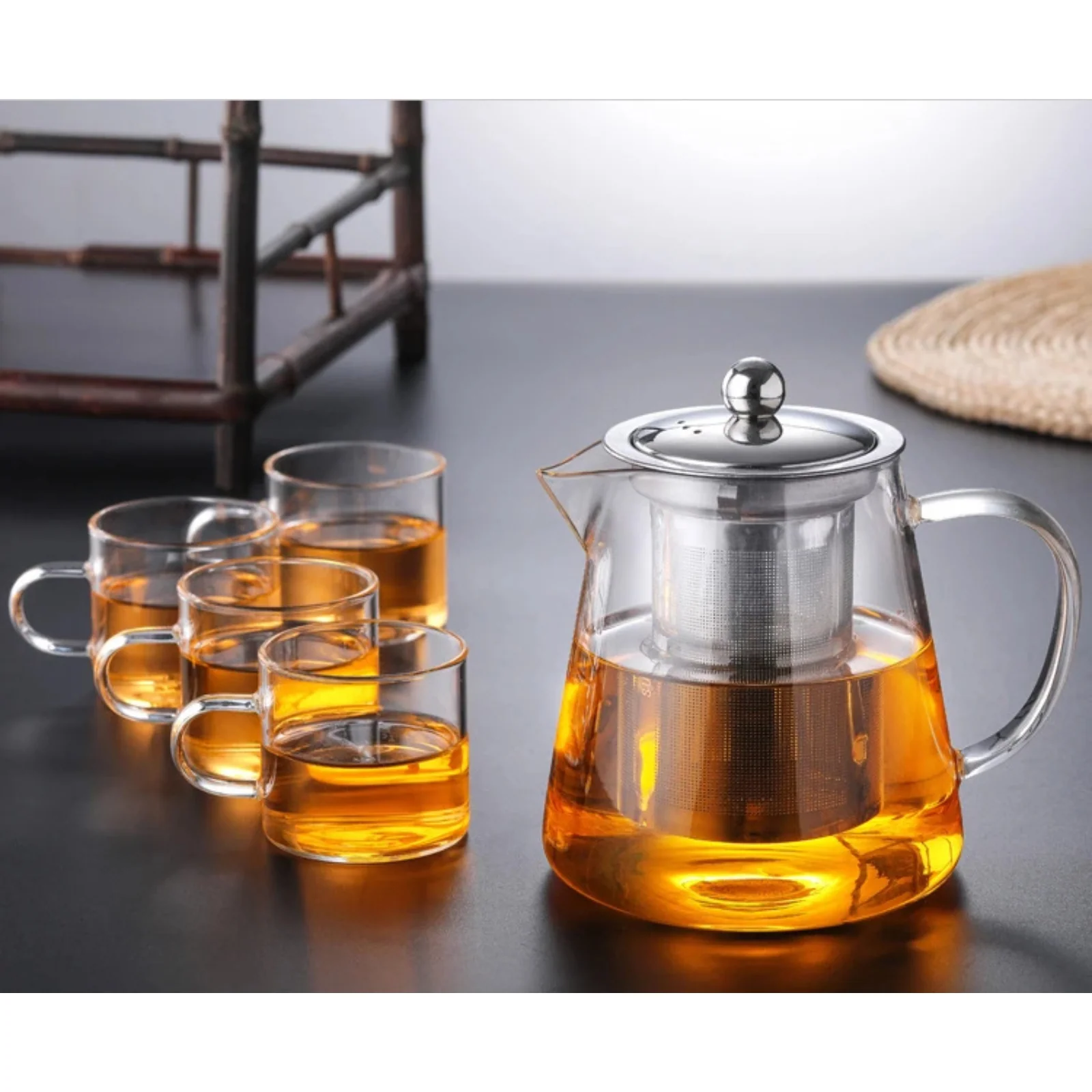 Glass Teapot | Hand-Blown Borosilicate | Stainless Steel Filter & Wood Lid | Heat Resistant - Image 2