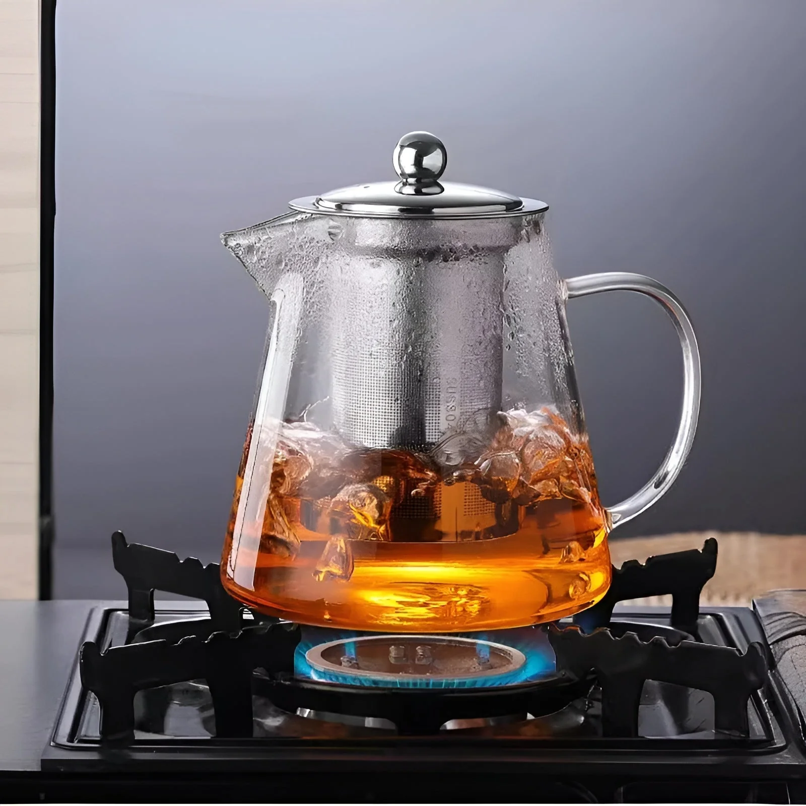Glass Teapot | Hand-Blown Borosilicate | Stainless Steel Filter & Wood Lid | Heat Resistant - Image 3
