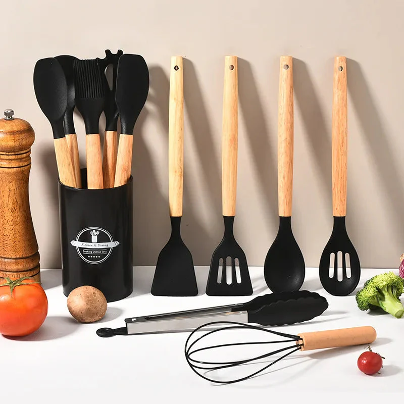 Kitchen Utensil Set | Heat-Resistant Silicone & Wood Handles | 12-Piece | Gentle on Nonstick Pans