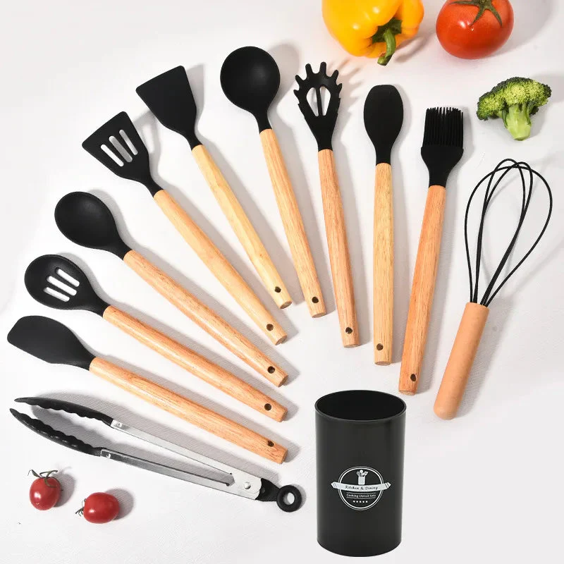Kitchen Utensil Set | Heat-Resistant Silicone & Wood Handles | 12-Piece | Gentle on Nonstick Pans - Image 3
