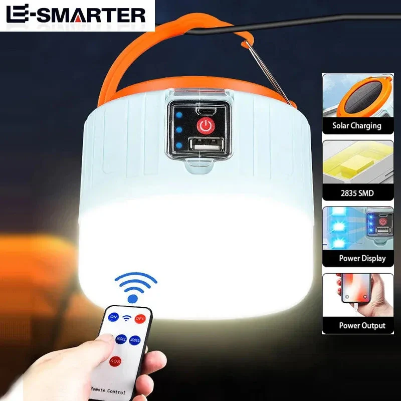 LED Camping Lamp | Solar & USB Rechargeable | Remote & Battery Indicator | Camping & Emergency Use