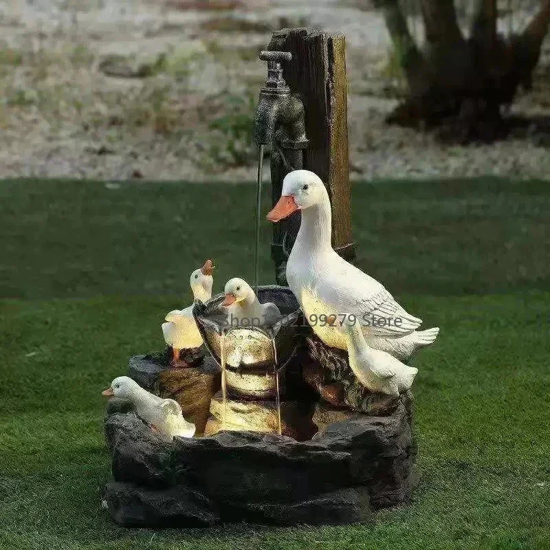 Outdoor Garden Fountain | Duck & Squirrel Figurine | Solar LED | Weather-Resistant Resin