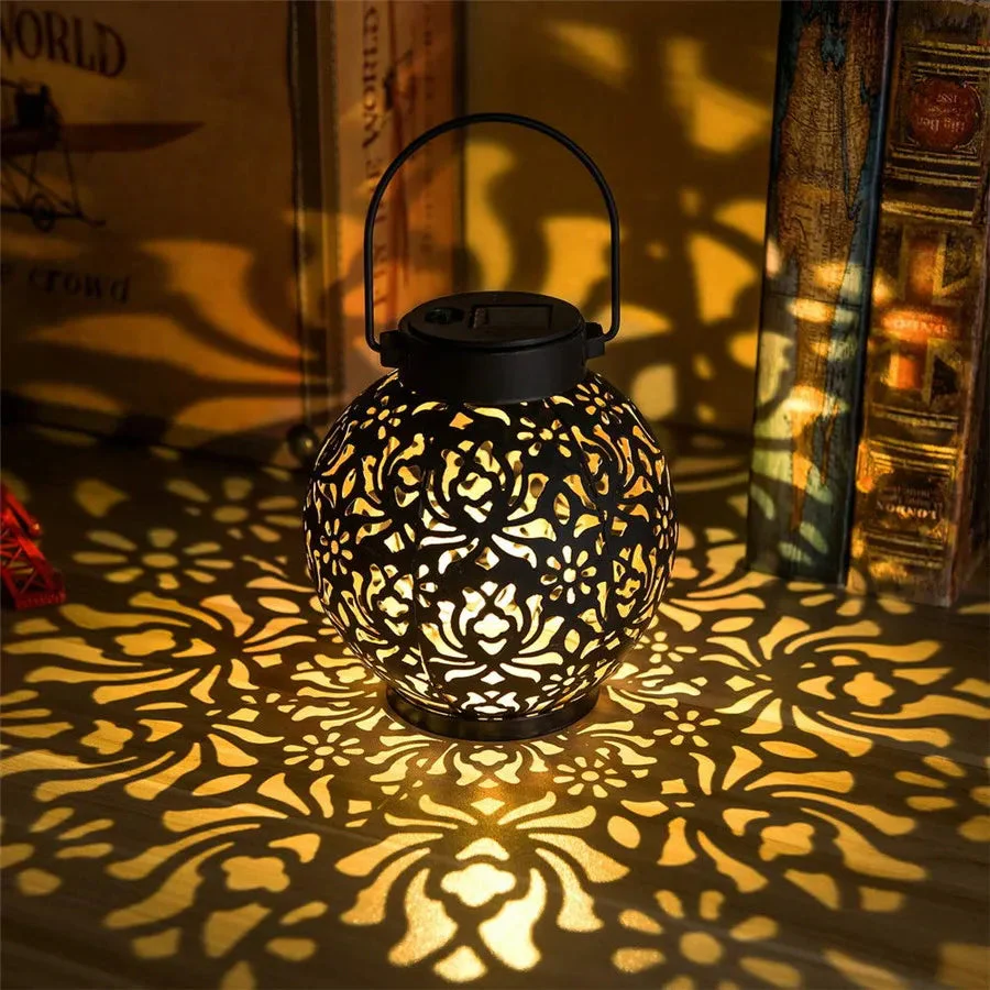 Outdoor Solar Hanging Lantern | Pattern-Projecting Warm White LED | Weather-Resistant Iron