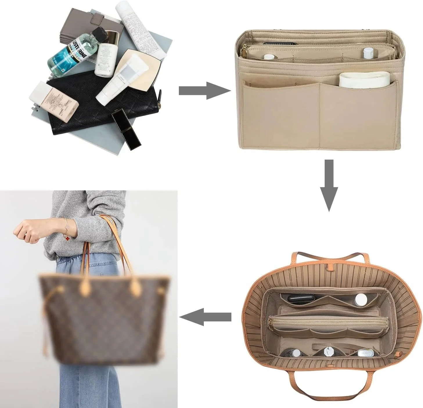 Purse Organizer Insert | 15 Compartments & Removable Pocket | Felt with Metal Zipper - Image 4