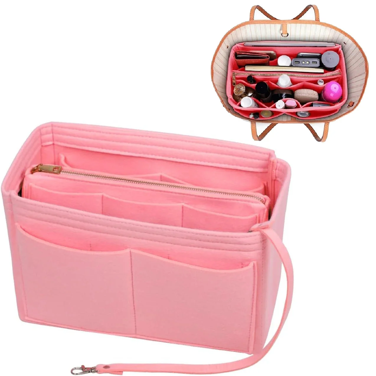 Purse Organizer Insert | 15 Compartments & Removable Pocket | Felt with Metal Zipper - Image 6
