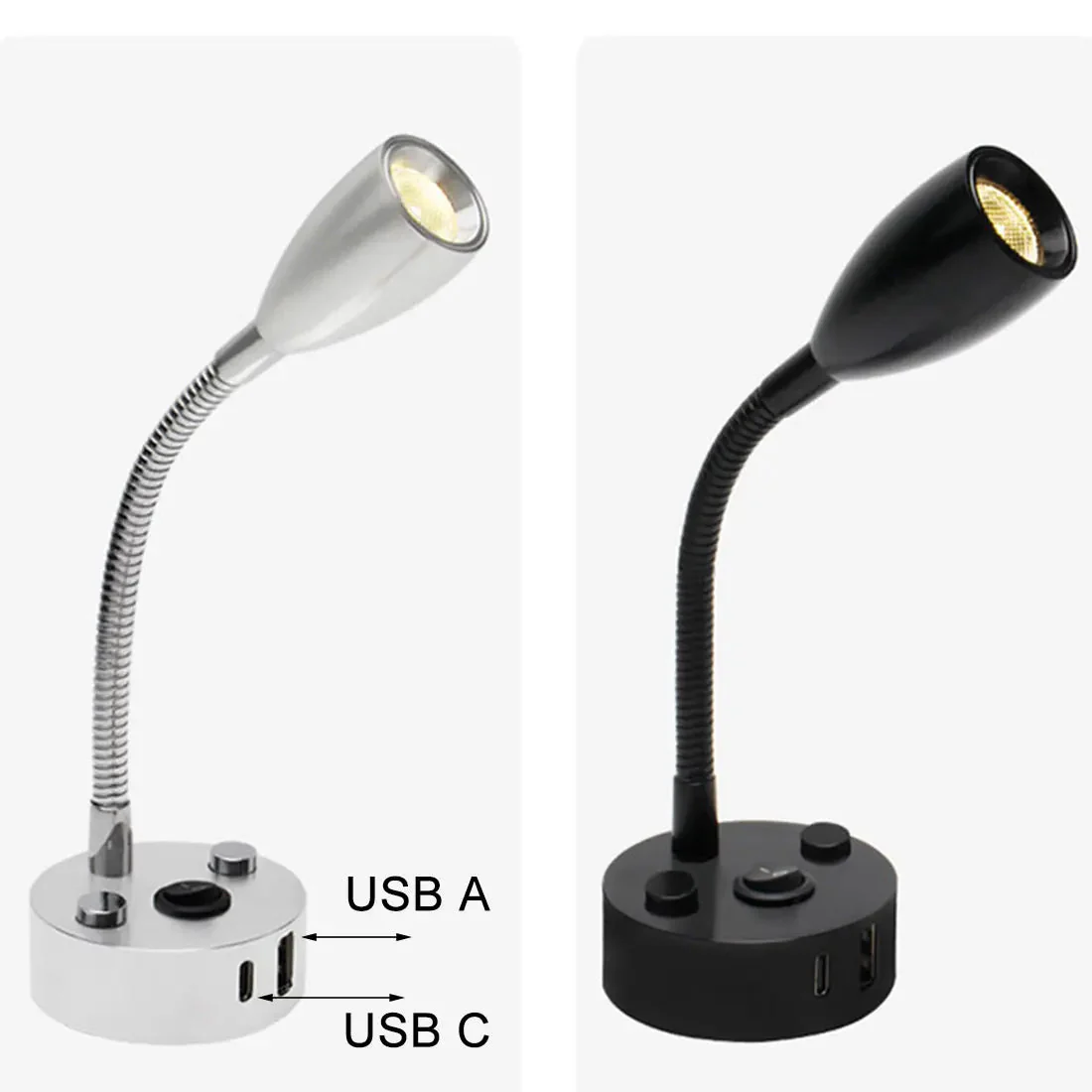 RV & Boat Reading Lamp | Flexible Gooseneck LED with USB-C Fast Charging | Aluminum, 12–24V