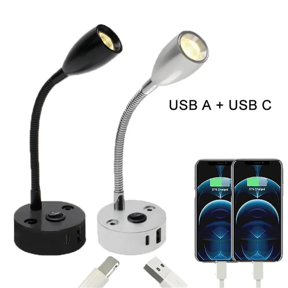 RV & Boat Reading Lamp | Flexible Gooseneck LED with USB-C Fast Charging | Aluminum, 12–24V - Image 2