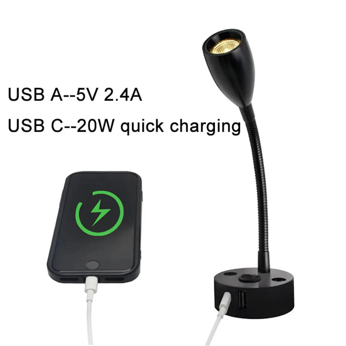RV & Boat Reading Lamp | Flexible Gooseneck LED with USB-C Fast Charging | Aluminum, 12–24V - Image 4