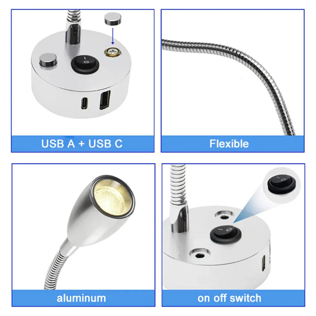 RV & Boat Reading Lamp | Flexible Gooseneck LED with USB-C Fast Charging | Aluminum, 12–24V - Image 5