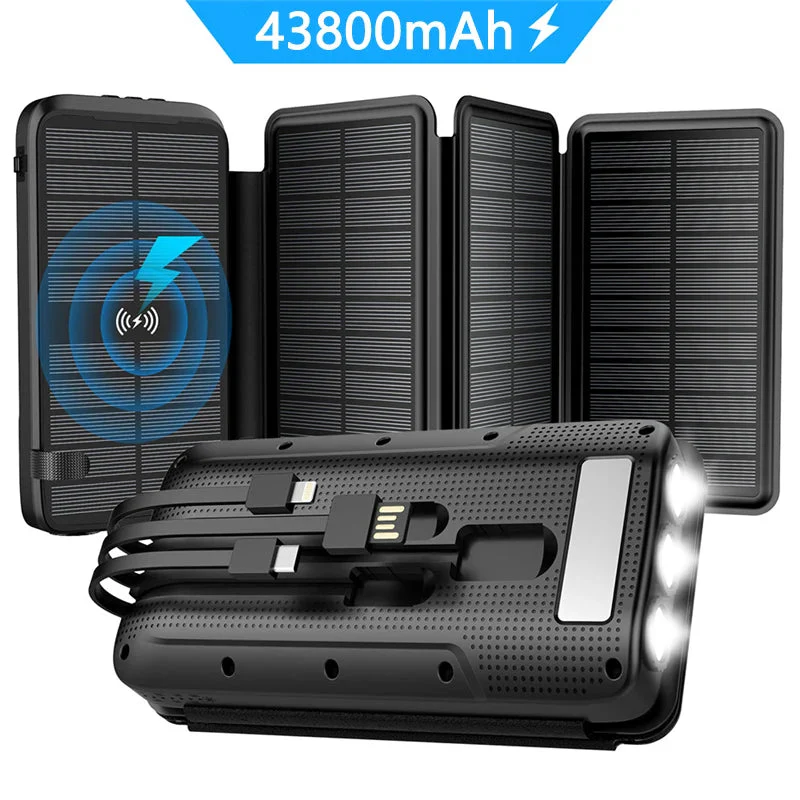 Solar Power Bank | 43800mAh High Capacity | Fast & Wireless Charging | Integrated Cables & LED