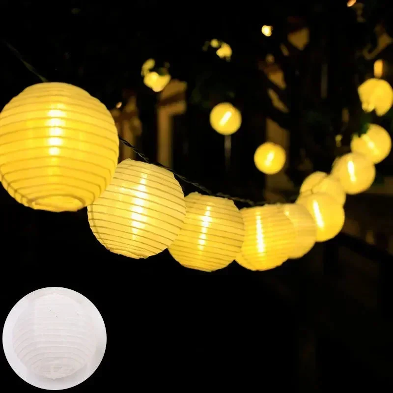 Solar String Lights | Fabric Lantern Design Warm White Light | Waterproof | 8 Modes