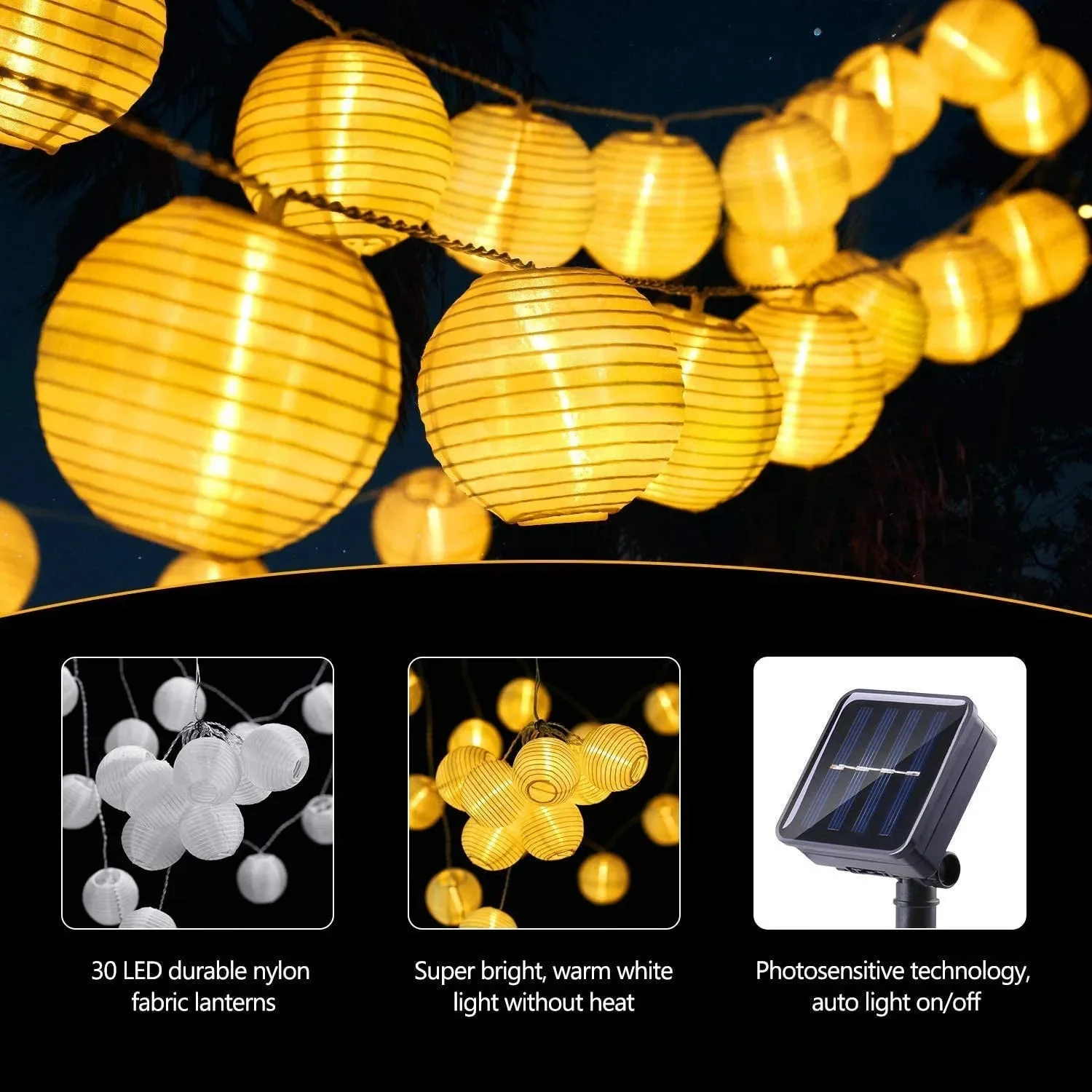Solar String Lights | Fabric Lantern Design Warm White Light | Waterproof | 8 Modes - Image 4