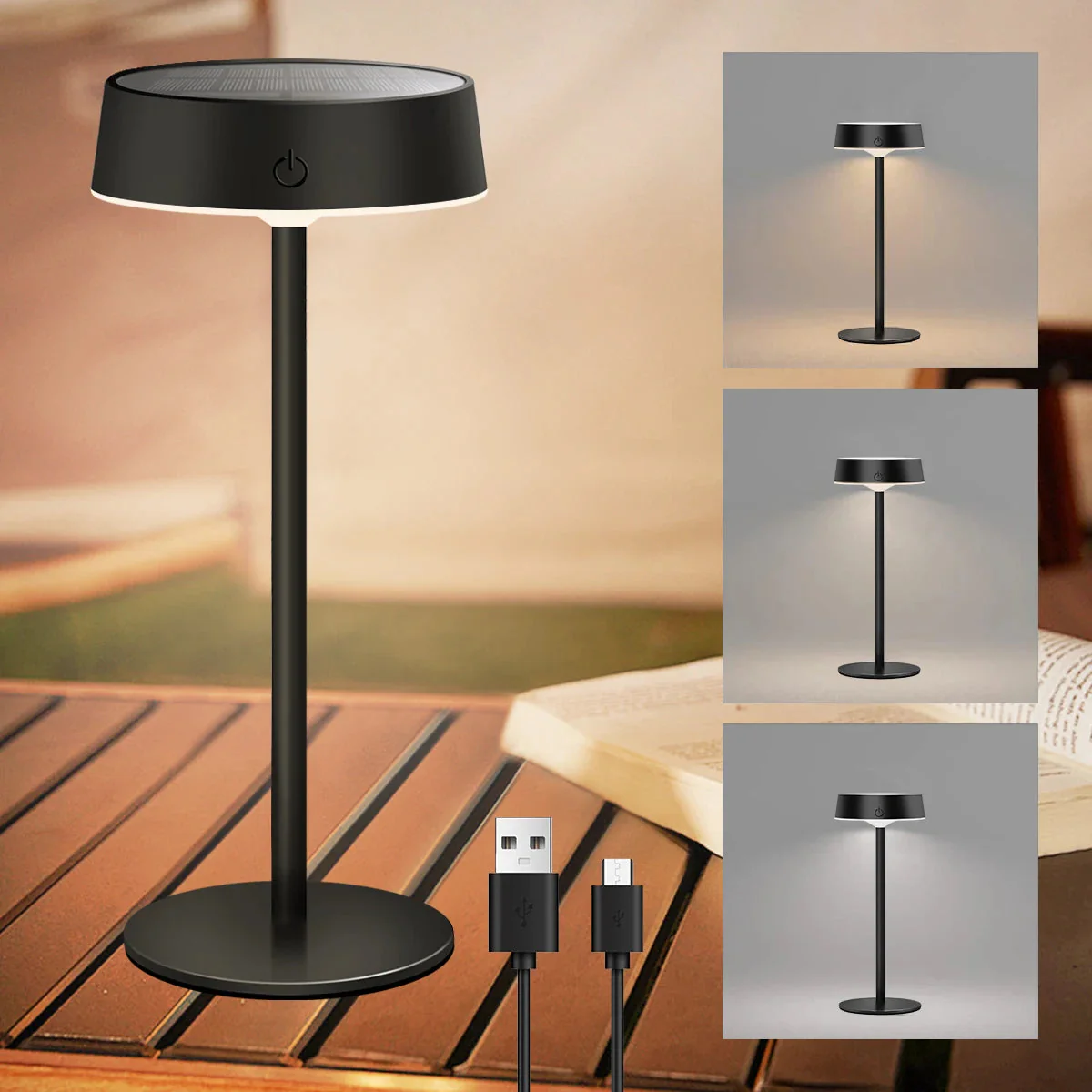 Solar Table Lamp | 3 Colors & Stepless Dimming | Solar & USB Rechargeable | Weatherproof Portable