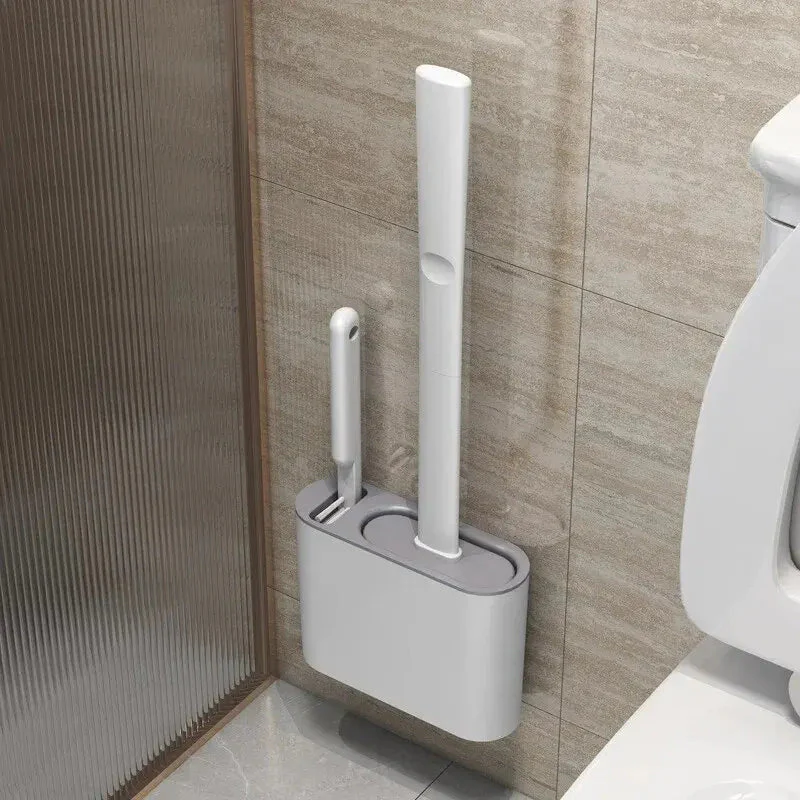 Toilet Brush Set | Antibacterial Silicone 2-in-1 Head | Ventilated Holder & Wall-Mount | Hygienic