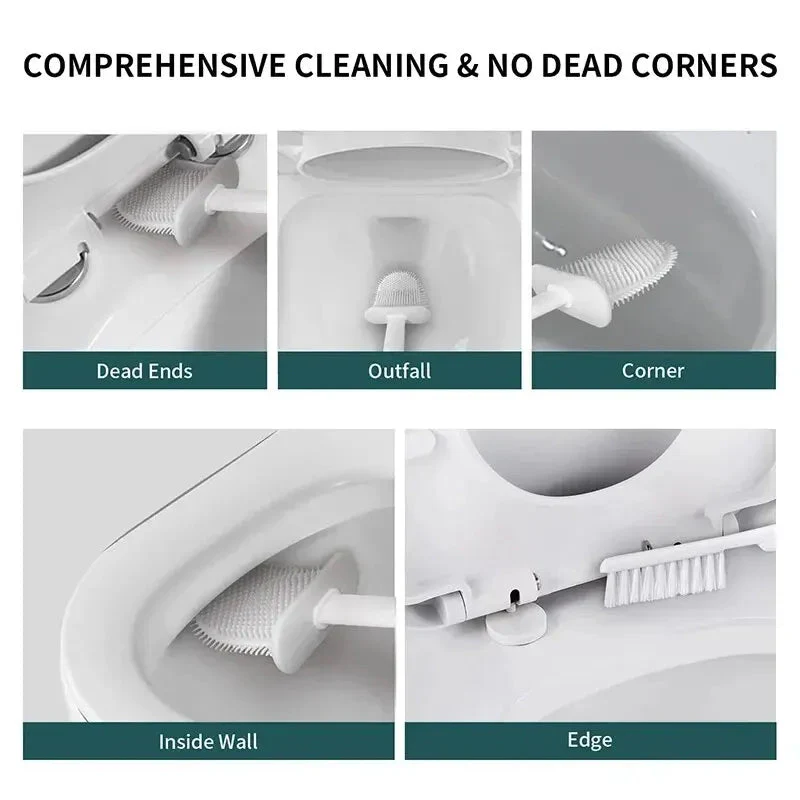 Toilet Brush Set | Antibacterial Silicone 2-in-1 Head | Ventilated Holder & Wall-Mount | Hygienic - Image 2
