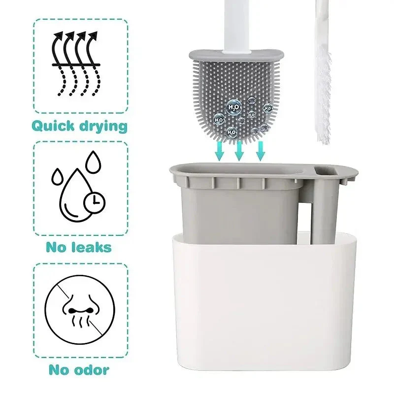Toilet Brush Set | Antibacterial Silicone 2-in-1 Head | Ventilated Holder & Wall-Mount | Hygienic - Image 3