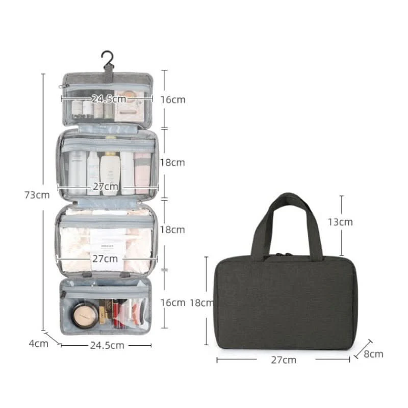 Travel Cosmetic Organizer | Compact 4-Compartment with 360° Hook | Water-Repellent Polyester