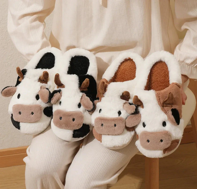 Unisex Winter Slippers | Cartoon Cow Design | Plush Upper & Non-Slip Sole | Warm & Comfortable