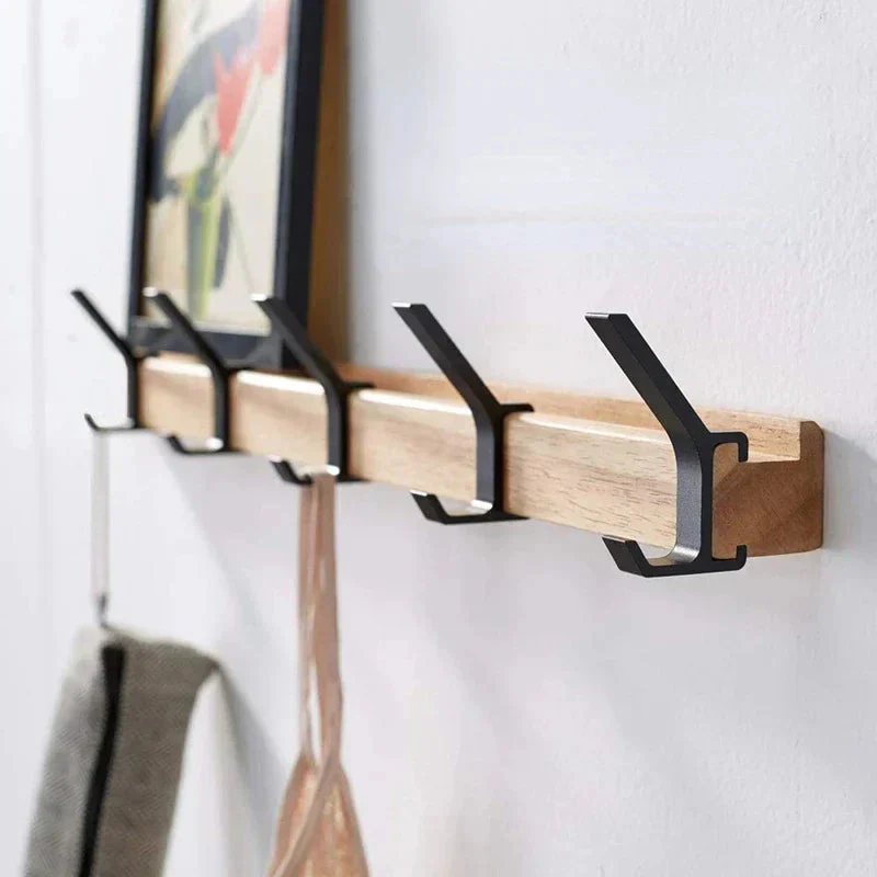 Wall Coat Rack | Movable Double Hooks | Wood & Aluminum | Space-Saving