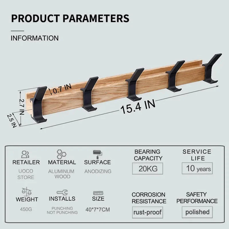 Wall Coat Rack | Movable Double Hooks | Wood & Aluminum | Space-Saving - Image 5