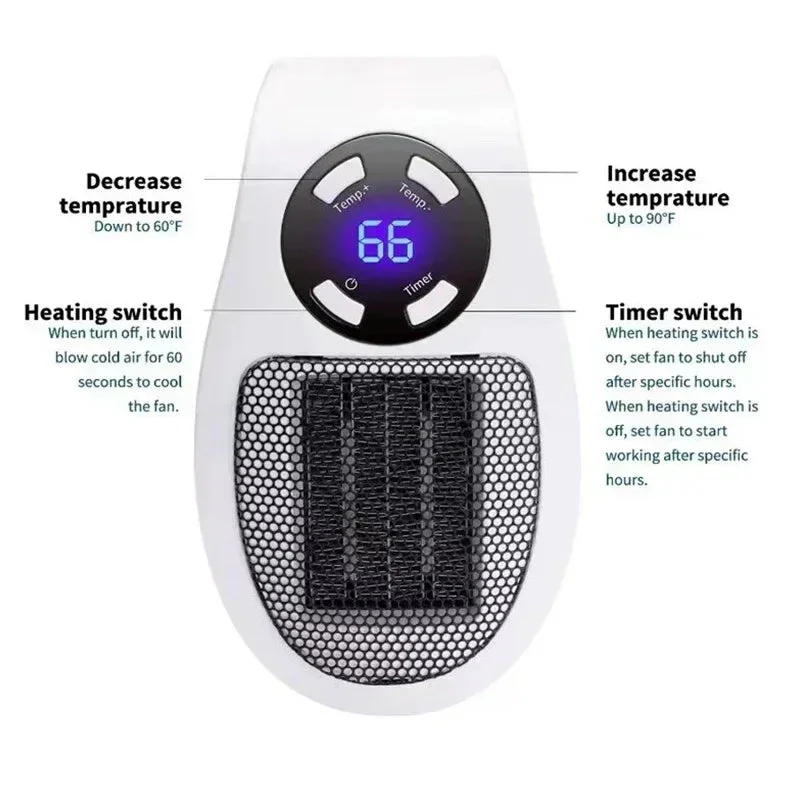 Wall Socket Heater | 350W Fast Heating | Remote Control, LED Display & Timer - Image 6