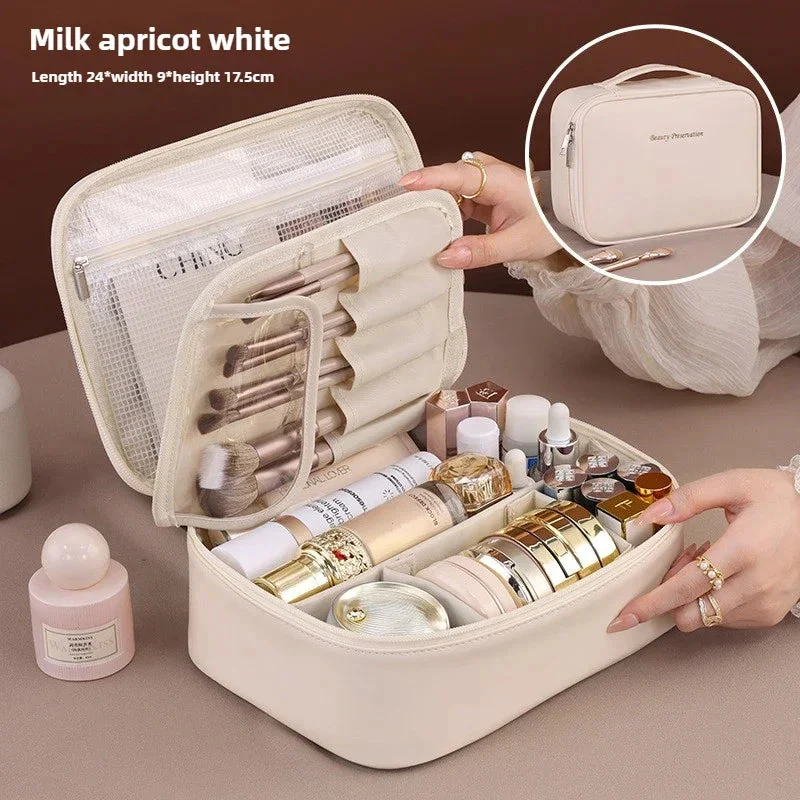 Women's Makeup Bag | Large Capacity & Removable Brush Panel | Water-Resistant PU Leather